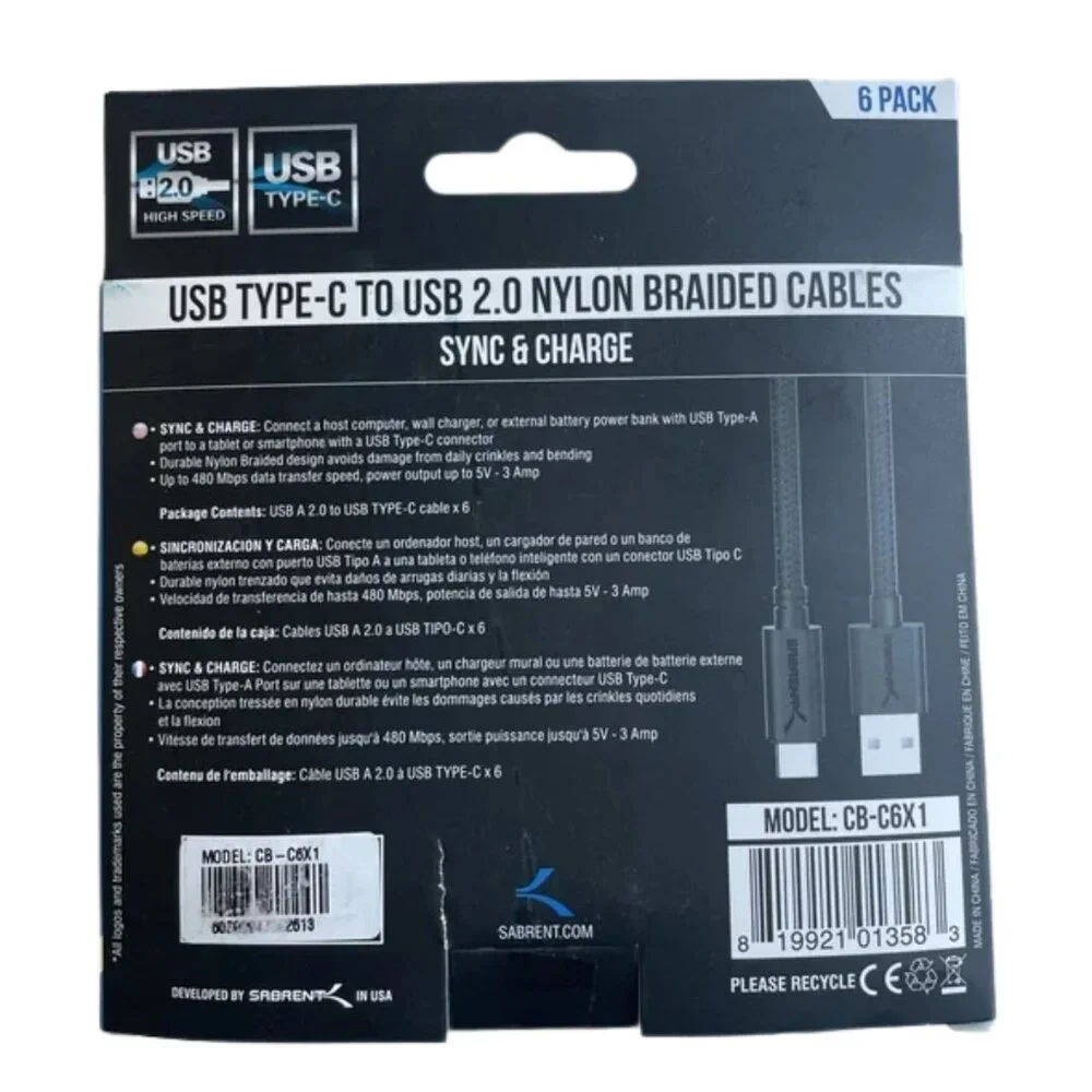 Sabrent 6-Pack Premium 1ft USB-C to USB A 2.0 Cables